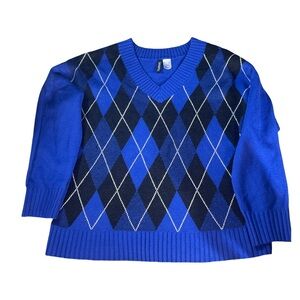 Forever 21 Blue & Black Argyle V-Neck Sweater - Preppy Academia
